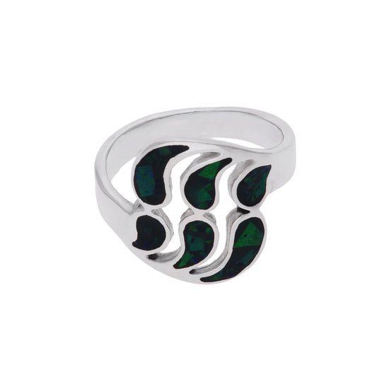 Anillo chevalier sello en plata esterlina .925 con motivo Huella de Oso en seis celdas de ópalo sintético verde oscuro con destellos azul y esmeralda, hecho a mano en Taxco, Guerrero
