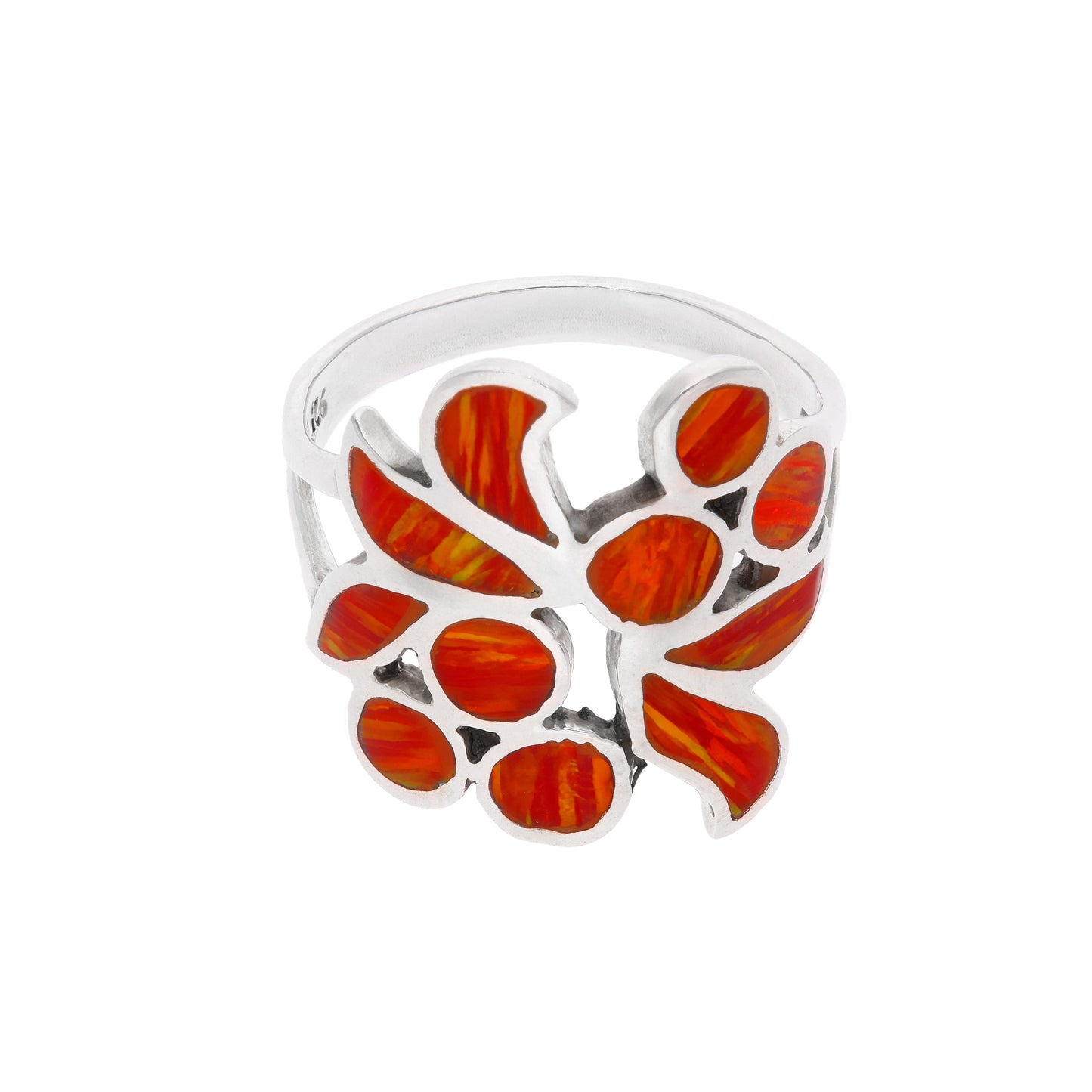 Anillo chevalier sello mariposa en plata esterlina .925 con mosaico de ópalo sintético rojo coral con vetas doradas en las cuatro alas, hecho a mano en Taxco, Guerrero