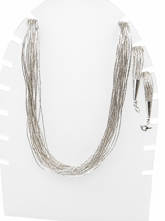 Set Collar y Pulsera de Plata .925 - Multihilo Cascada de Treinta Hilos Cola de Rata Ultrafina con Terminales Cónicos Grandes — Pulsera 18 cm