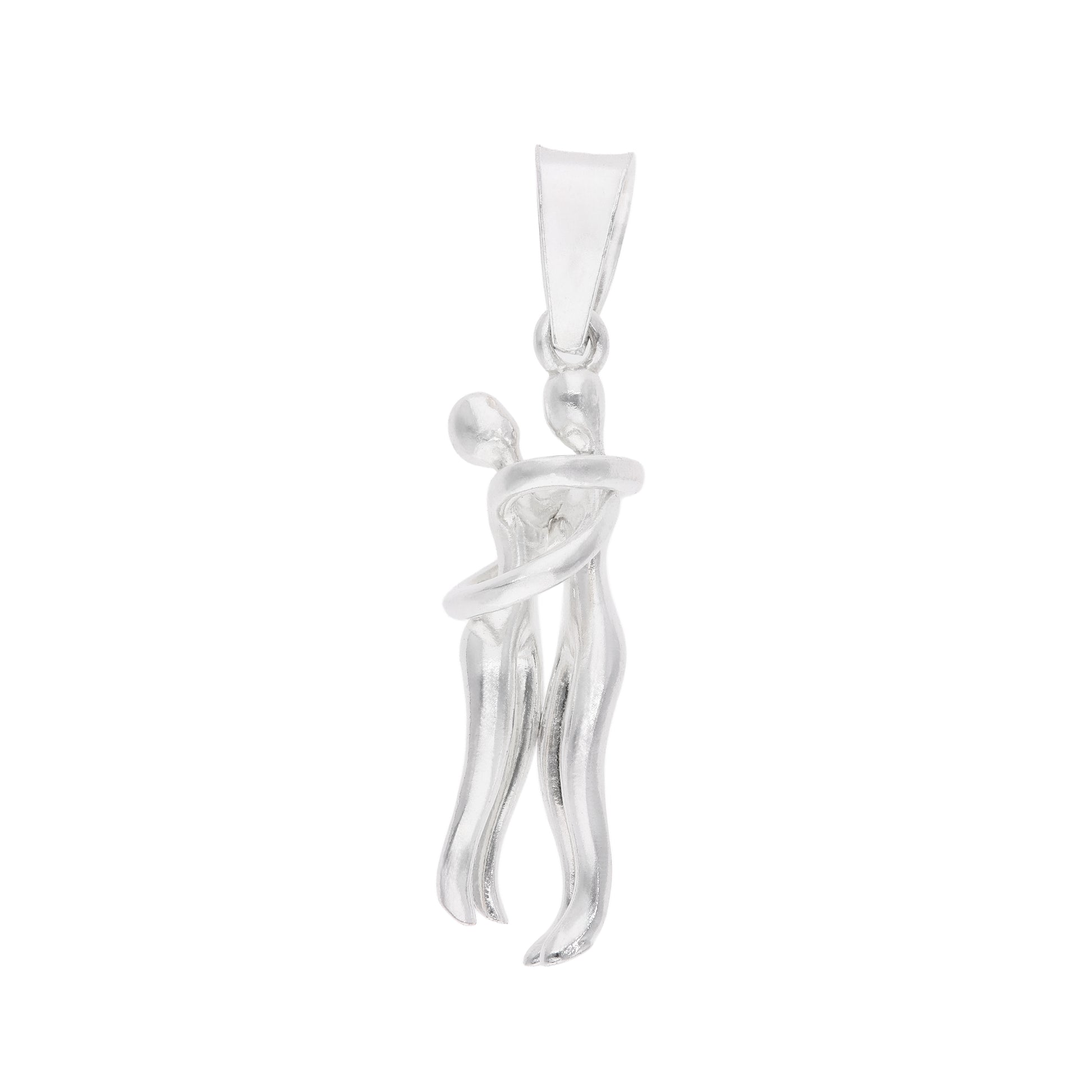 Dije de pareja en abrazo en plata esterlina .925, figura escultórica abstracta de líneas fluidas con acabado pulido espejo, elaborado en Taxco, Guerrero
