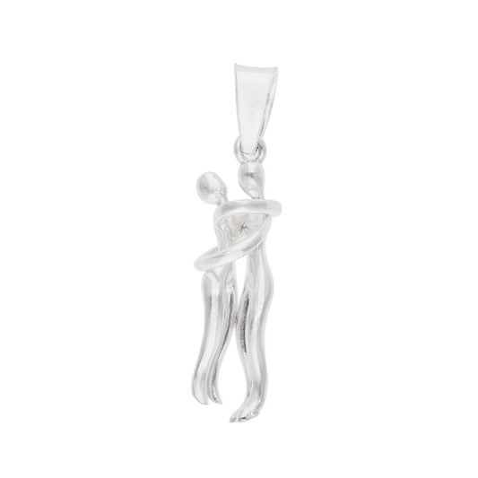 Dije de pareja en abrazo en plata esterlina .925, figura escultórica abstracta de líneas fluidas con acabado pulido espejo, elaborado en Taxco, Guerrero