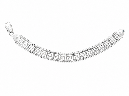 Pulsera de Plata .925 - Griega Calada con Greca en Espiral Cuadrada Continua y Borde de Esferas Milgrain — 7mm / 20 cm