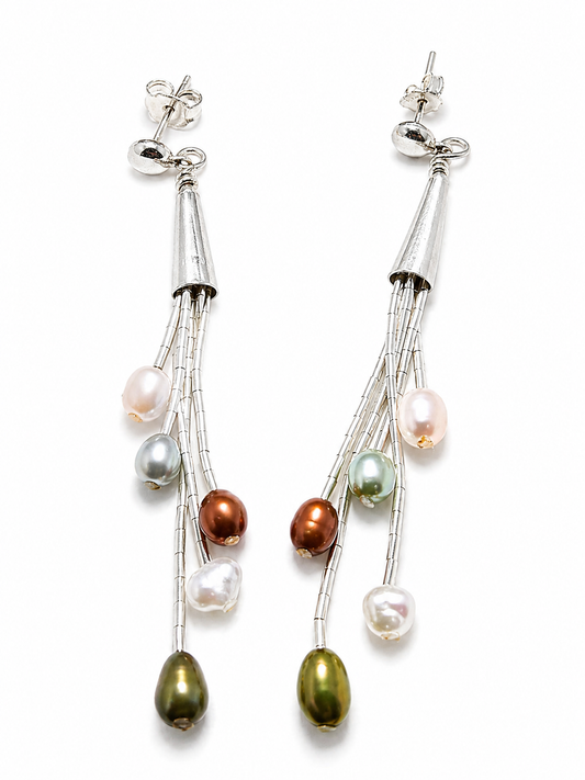 Aretes de Plata .925 - Colgantes Largos Multihilo Cascada con Perlas Naturales de Agua Dulce Multicolor y Cadena de Tubo Hexagonal Facetado — Artesanía Taxco