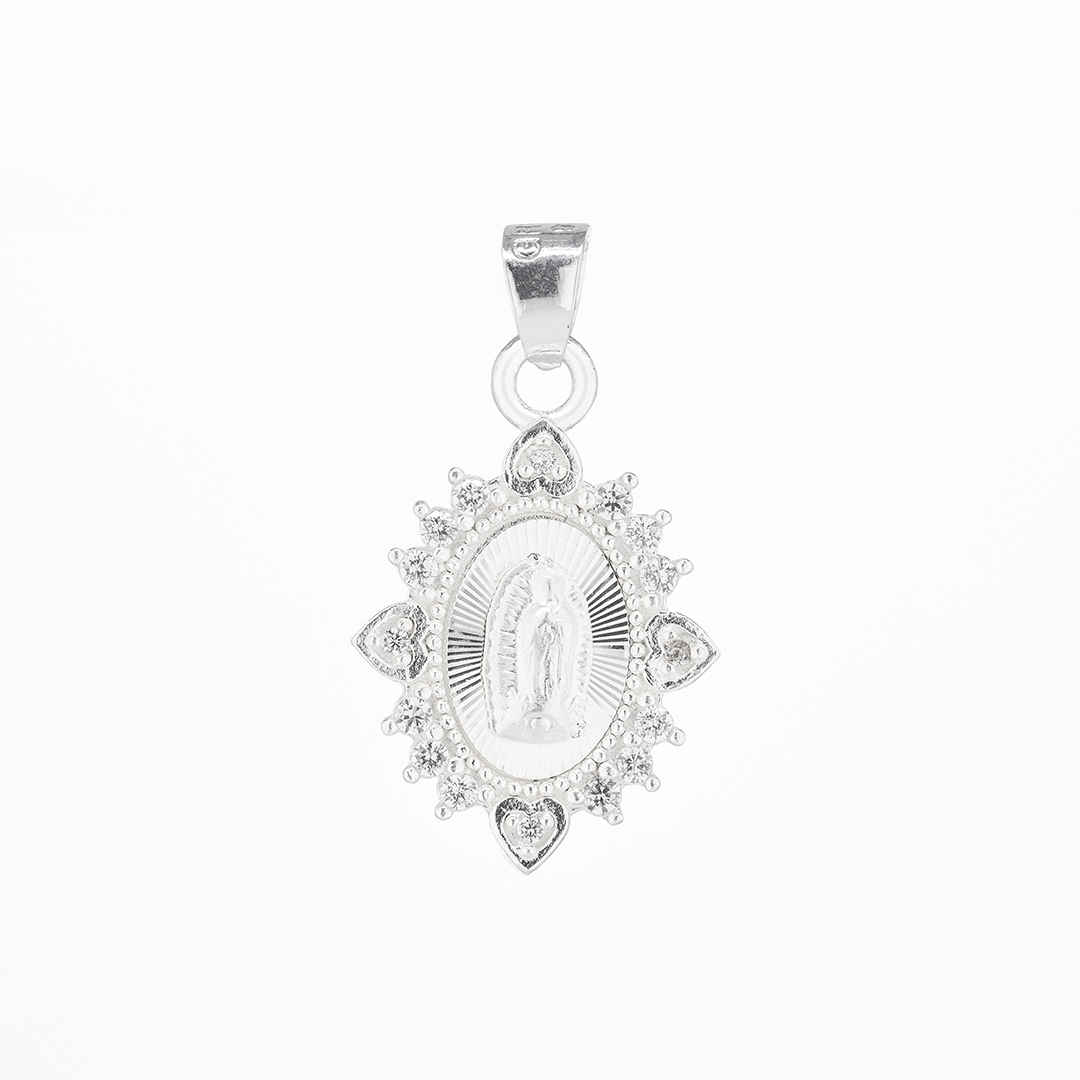 Set de Dije y Cadena de Plata Ley.925 - Virgen de Guadalupe Resplandor Majestuoso con Zirconia con Cadena Fígaro .925