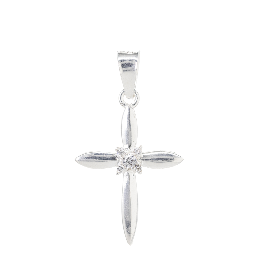 Set de Dije y Cadena de Plata ley .925 - Cruz con Zirconia Central con Cadena Fígaro .925