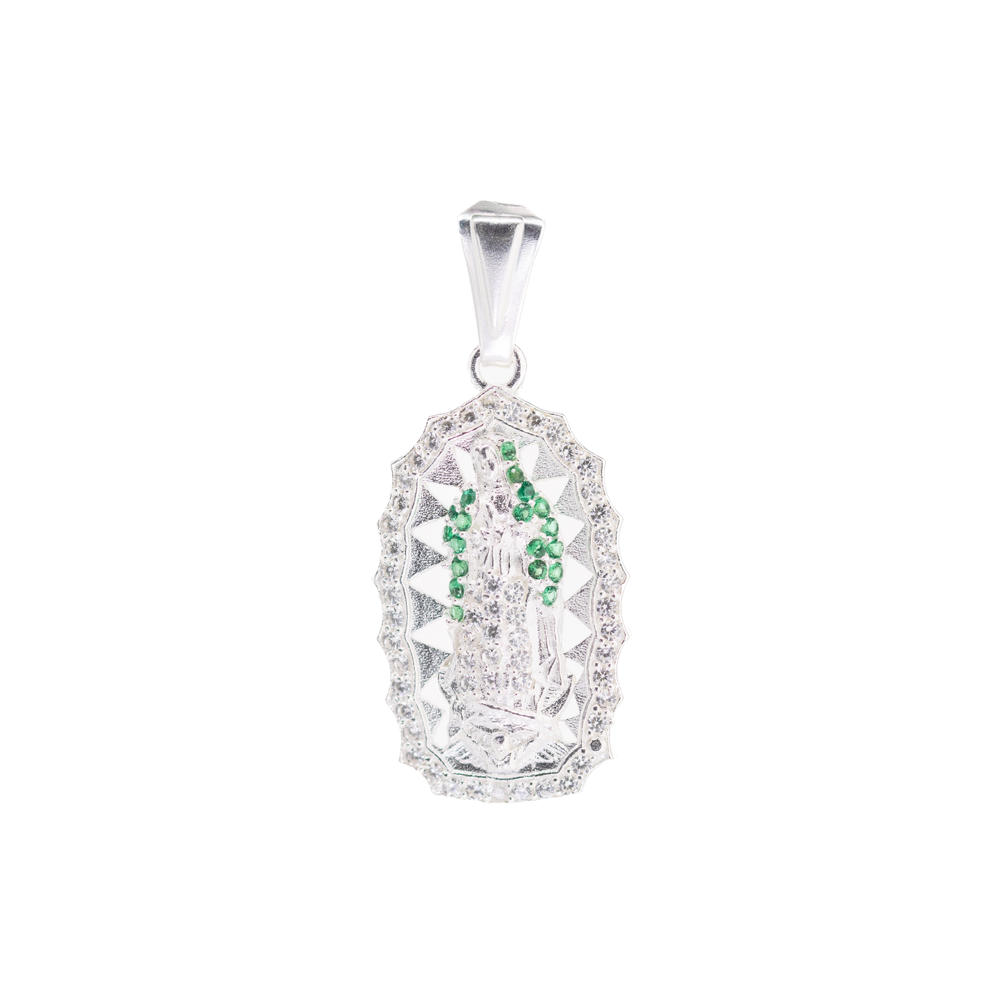 Set de Dije y Cadena de Plata - Virgen de Guadalupe con Zirconia  con Cadena Fígaro .925(ERDP008)