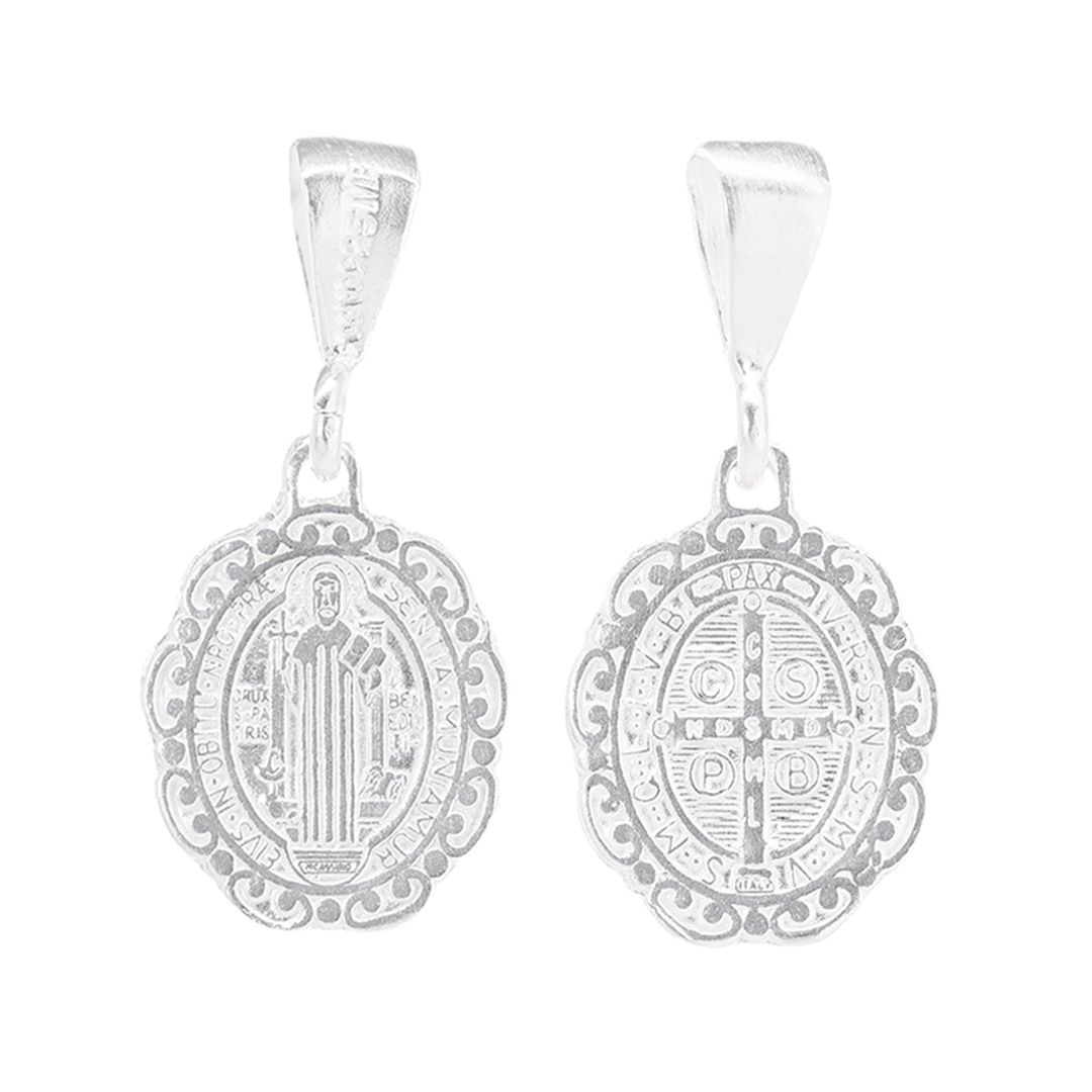 Set de Dije y Cadena de Plata - San Benito con Marco Ornamental Doble Vista con Cadena Fígaro (COM.FBD-174)