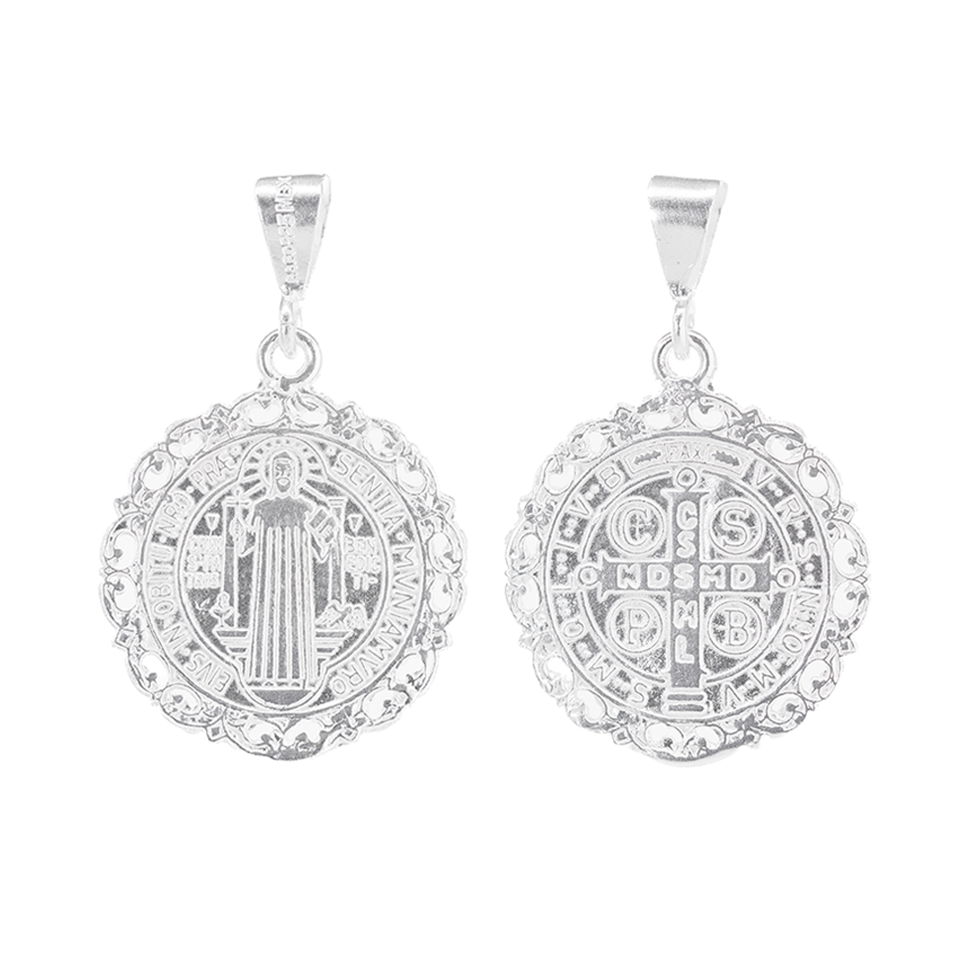 Set de Dije y Cadena de Plata - San Benito Grande con Marco Ornamental Doble Vista con Cadena Fígaro (FBD-226)
