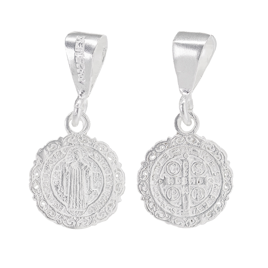 Set de Dije y Cadena de Plata - San Benito con Marco Ornamental Circular Doble Vista con Cadena (COM.FBD-228)