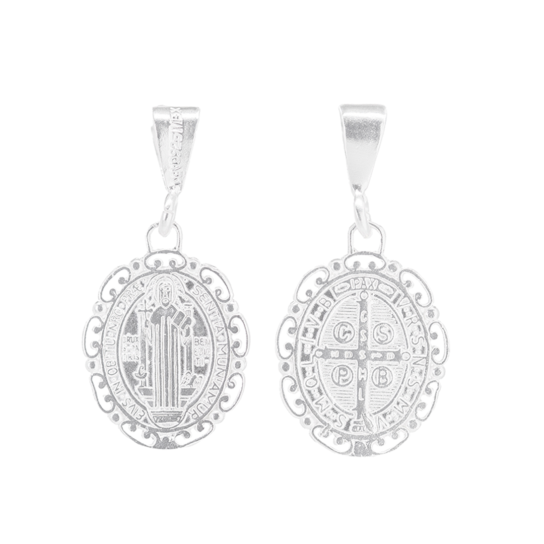 Set de Dije y Cadena de Plata - San Benito con Marco Ornamental Ovalado Doble Vista con Cadena(FBD-231)