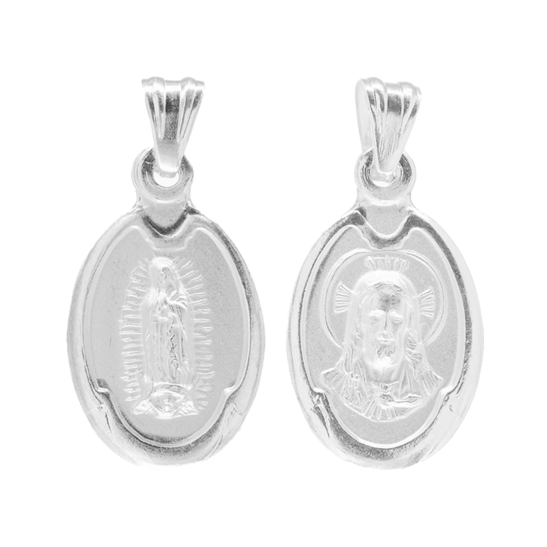 Set de Dije y Cadena de Plata - Virgen de Guadalupe Y Sagrado Corazón  en Óvalo con Cadena Fígaro