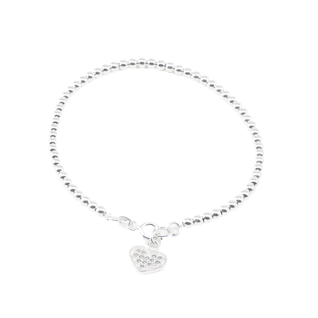 Pulso de Plata Ley .925 - Cuenta Plata con Dije de Corazón (2mm - 14.5cm)