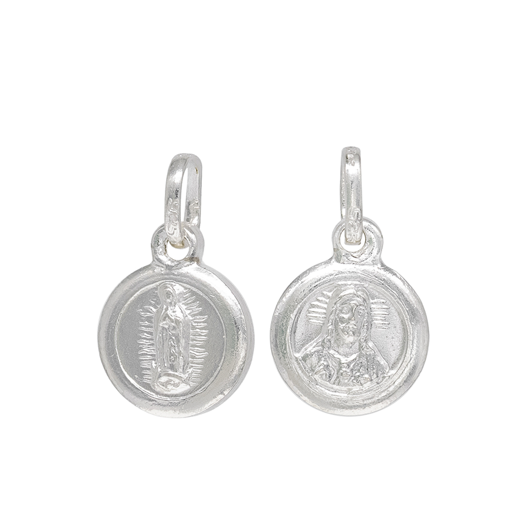 Set de Dije y Cadena en Plata Ley .925 -  doble vista Virgen de Guadalupe y Sagrado Corazón Doble Vista Circular Pequeño con Cadena Fígaro