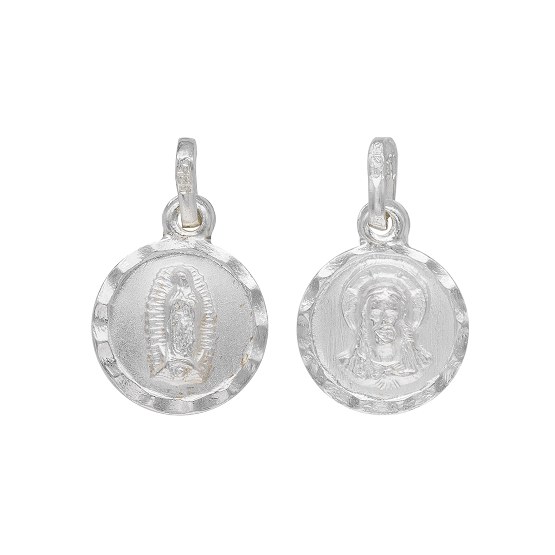 Set de Dije y Cadena de Plata Ley .925 -  doble vista Virgen de Guadalupe y Sagrado Corazón Doble Vista Circular con Cadena Fígaro