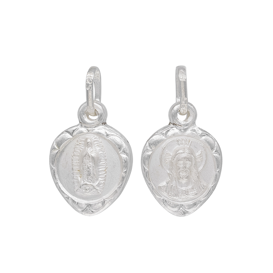 Set de Dije y Cadena en Plata Ley .925 doble vista Virgen de Guadalupe y Sagrado Corazón Doble Vista Forma Corazón con Cadena Fígaro