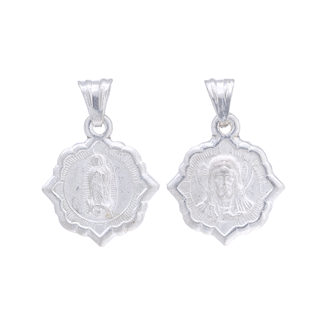 Set de Dije y Cadena en  Plata  ley. 925  doble vista en  Virgen de Guadalupe y Sagrado Corazón Doble Vista Forma Estrella con Cadena Fígaro