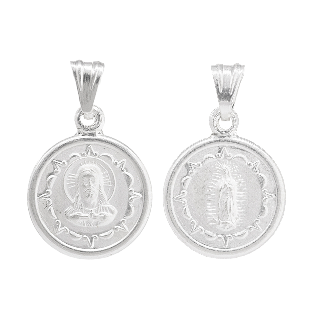 Set de Dije y Cadena de Plata ley .925 - San Judas Tadeo y Virgen de Guadalupe Marco Ornamental Compacto Doble Vista con Cadena Fígaro .925