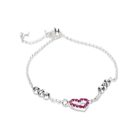 Pulsera Plata .925  Ajustable con Cadena Elegante y Corazón con Cristales Rojos Premium 3.7 Gramos - Joyería Amor Ardiente
