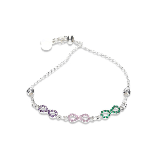 Pulsera Plata .925  Ajustable con Cadena Elegante y Triple Símbolo Infinito con Cristales Multicolor Premium 3.8 Gramos - Joyería Infinito Supremo