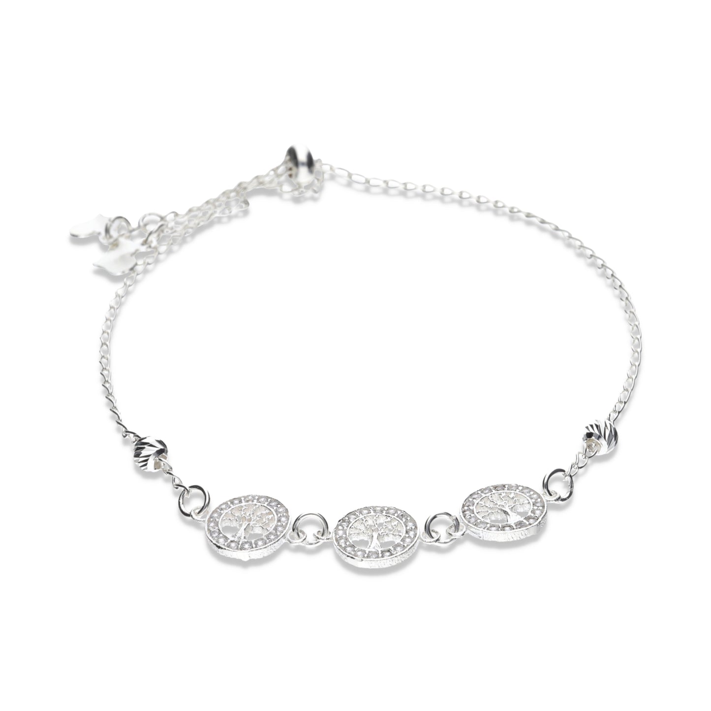 Pulsera Plata .925 con Cadena de Bolitas Texturizadas y Triple Árbol de la Vida con Cristales Premium 3.9 Gramos - Joyería Vida Mística