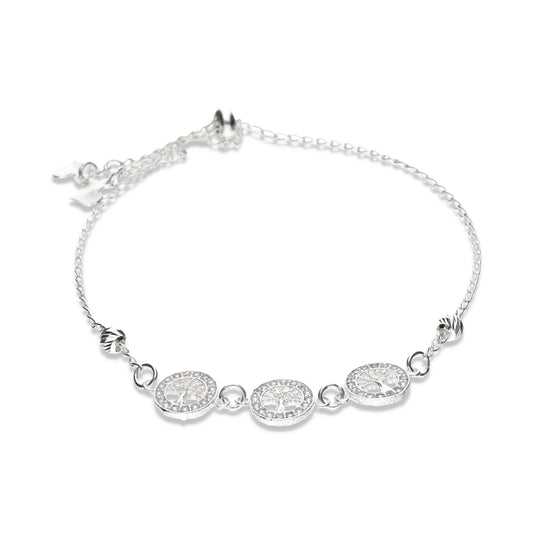 Pulsera Plata .925 con Cadena de Bolitas Texturizadas y Triple Árbol de la Vida con Cristales Premium 3.9 Gramos - Joyería Vida Mística