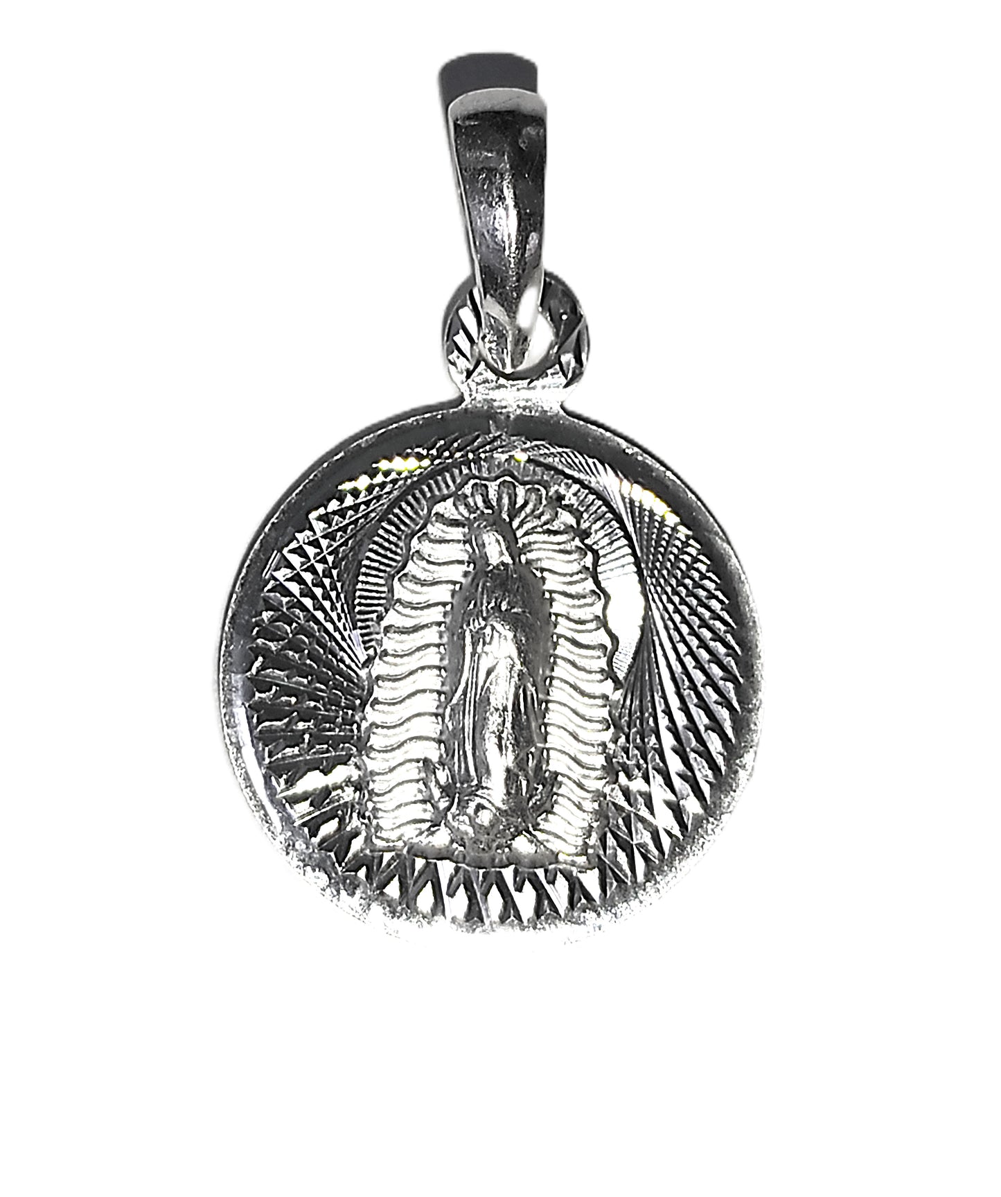 Medalla de Plata .925 - Redonda Calada Virgen de Guadalupe con Filigrana de Rayos