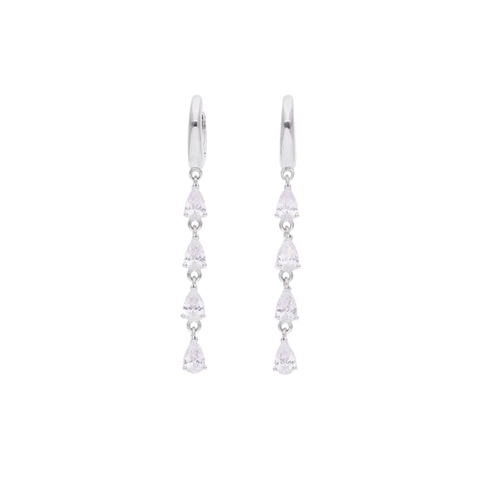 Aretes Colgantes Largos con Cadena de Gotas de Zircón Blanco — Plata .925