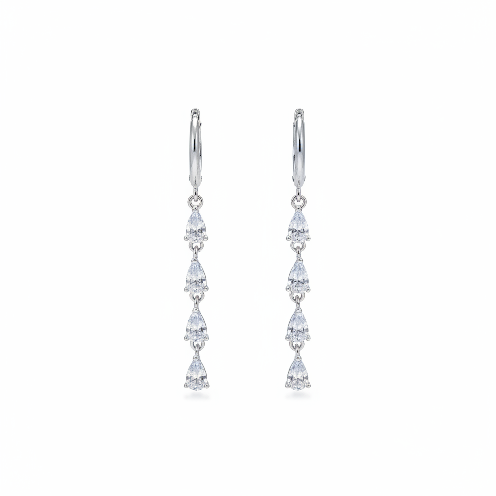 Aretes colgantes largos en plata .925 con cadena de 4 gotas de zircón blanco corte pera en cascada descendente