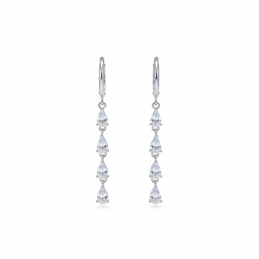 Aretes colgantes largos en plata .925 con cadena de 4 gotas de zircón blanco corte pera en cascada descendente