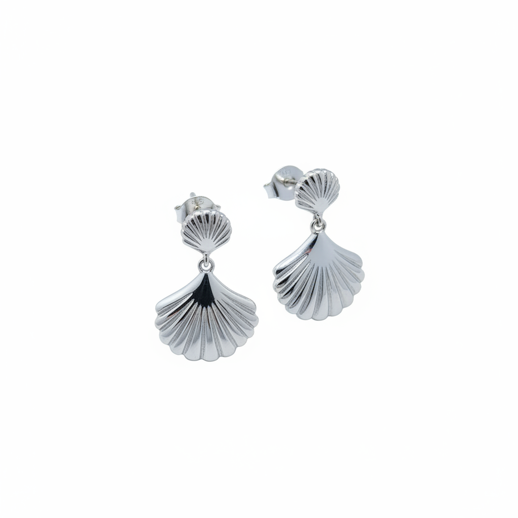 Aretes colgantes de concha de mar en plata .925, diseño de doble venera con textura acanalada
