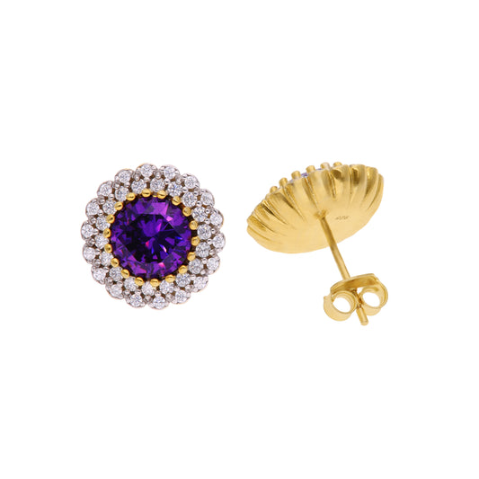Aretes Amatista con Halo Doble Pavé — Plata .925 y Chapa de Oro