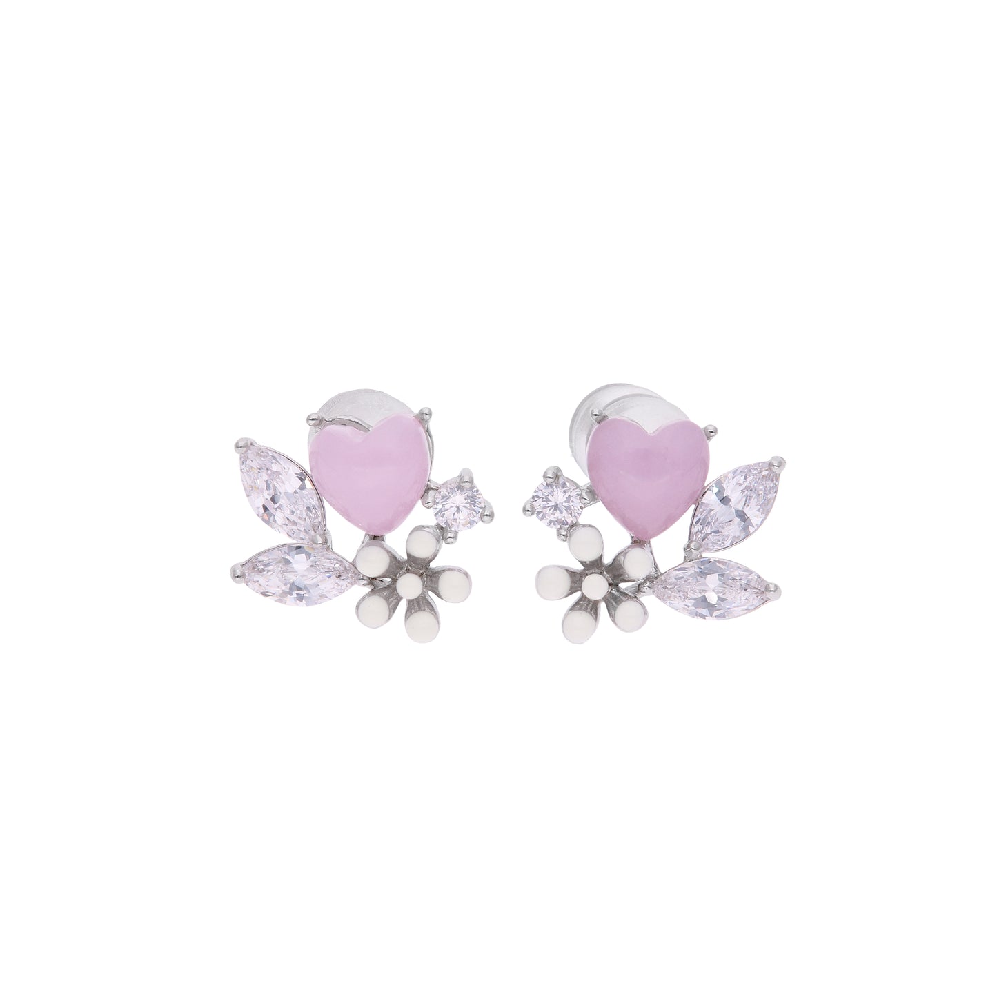 Aretes Corazón Rosa con Zircones Marquesa y Flor de Perlas — Plata .925