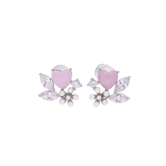 Aretes Corazón Rosa con Zircones Marquesa y Flor de Perlas — Plata .925
