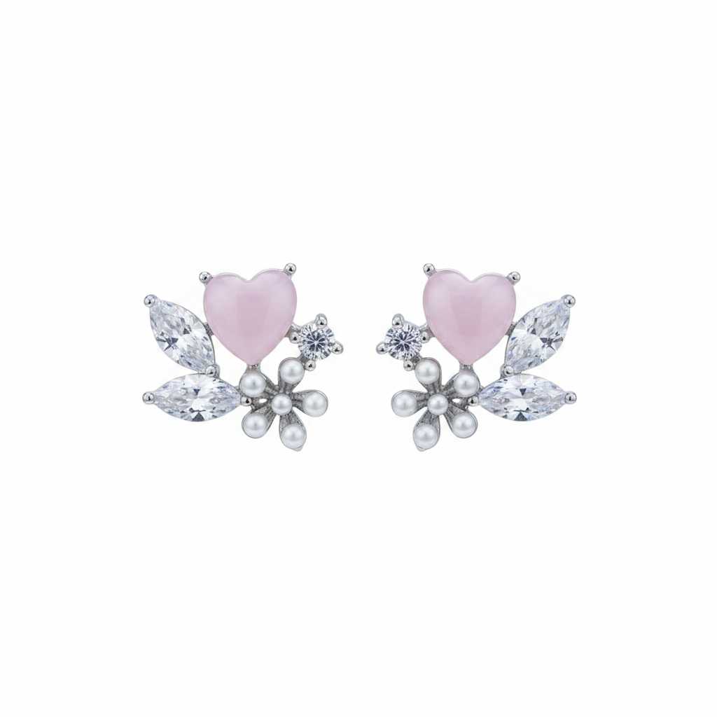 Aretes tope corazón de cuarzo rosa con zircones marquesa blancos y flor de perlas cultivadas en plata .925