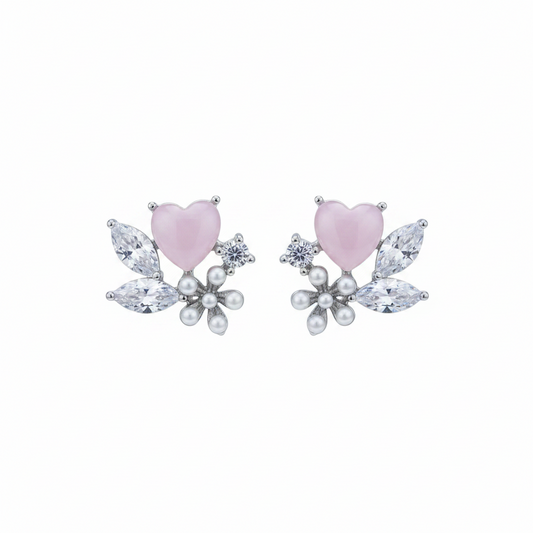 Aretes tope corazón de cuarzo rosa con zircones marquesa blancos y flor de perlas cultivadas en plata .925