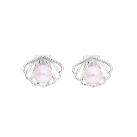 Aretes Concha Calada con Perla Cultivada — Plata .925