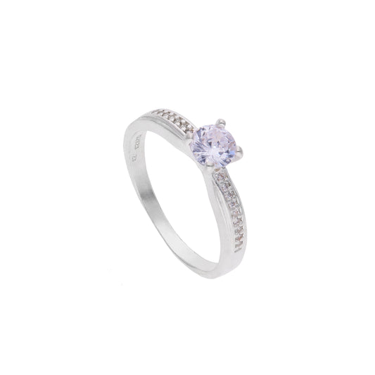 Anillo de Plata .925 - Solitario de Lujo con Banda Ancha Acanalada y Hombros de Pavé en Canal Empotrado