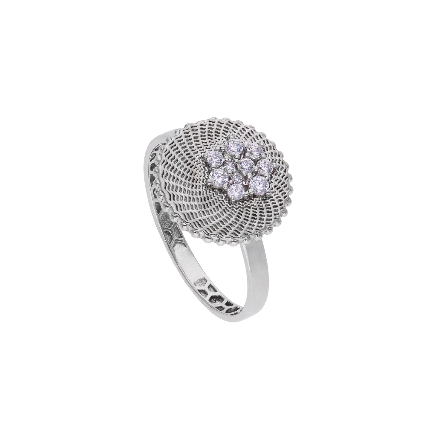 Anillo de Plata .925 - Banda Panal de Abeja con Cabeza Domo Espiral Galaxia y Racimo de Siete Zircones