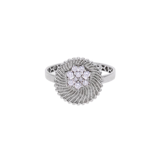 Anillo de Plata .925 - Banda Panal de Abeja con Cabeza Domo Espiral Galaxia y Racimo de Siete Zircones