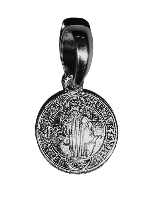 Medalla de Plata .925 - San Benito Redonda Pequeña con Inscripciones Latinas y Rodio Negro