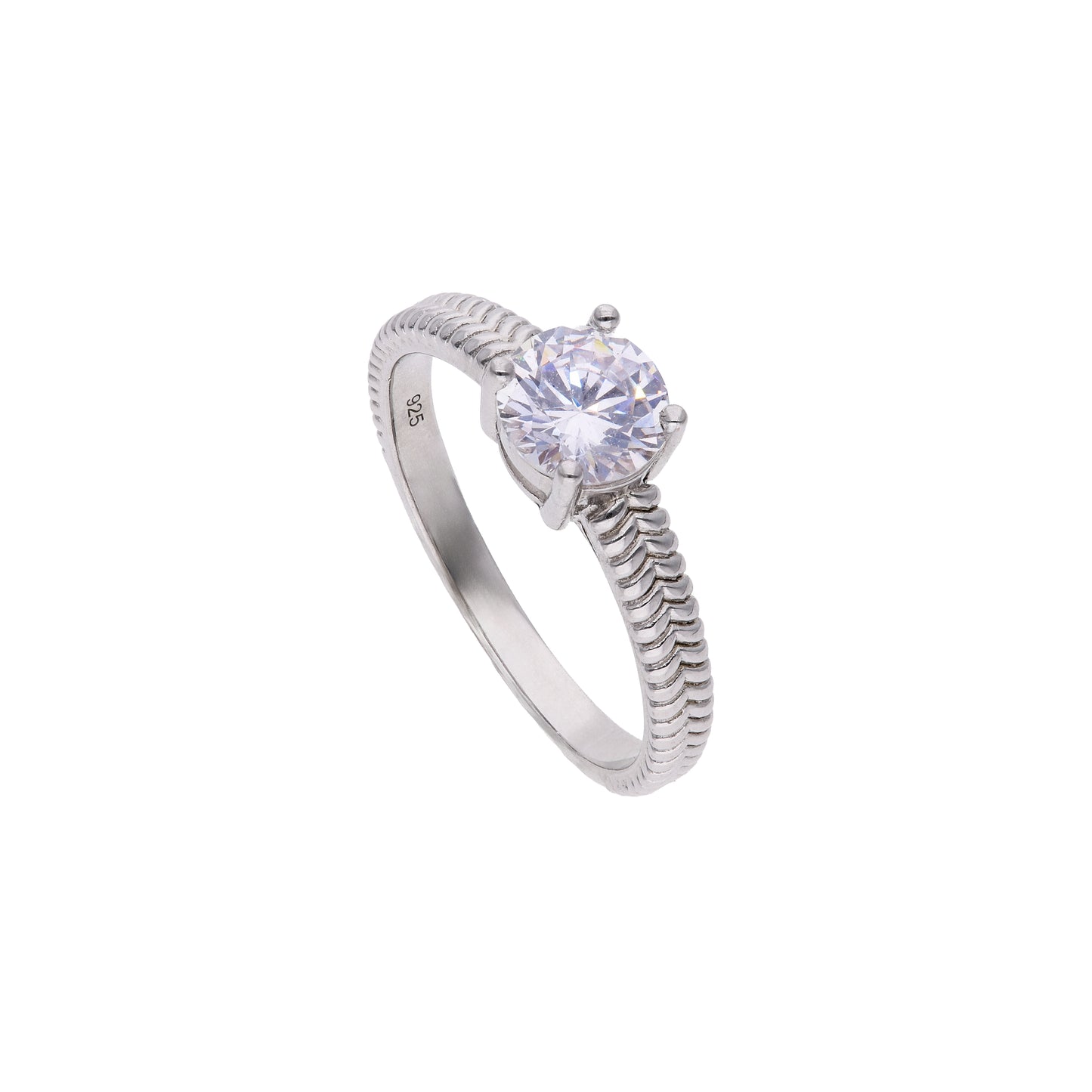 Anillo de Plata .925 - Solitario con Banda Texturizada Cuerda Trenzada y Zircón Blanco en Corona de Cuatro Garras