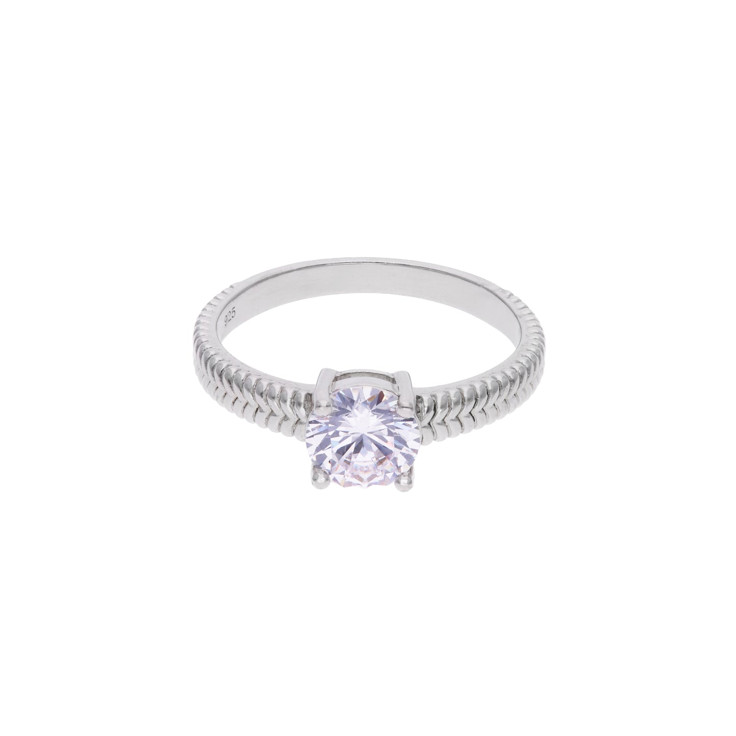 Anillo de Plata .925 - Solitario con Banda Texturizada Cuerda Trenzada y Zircón Blanco en Corona de Cuatro Garras