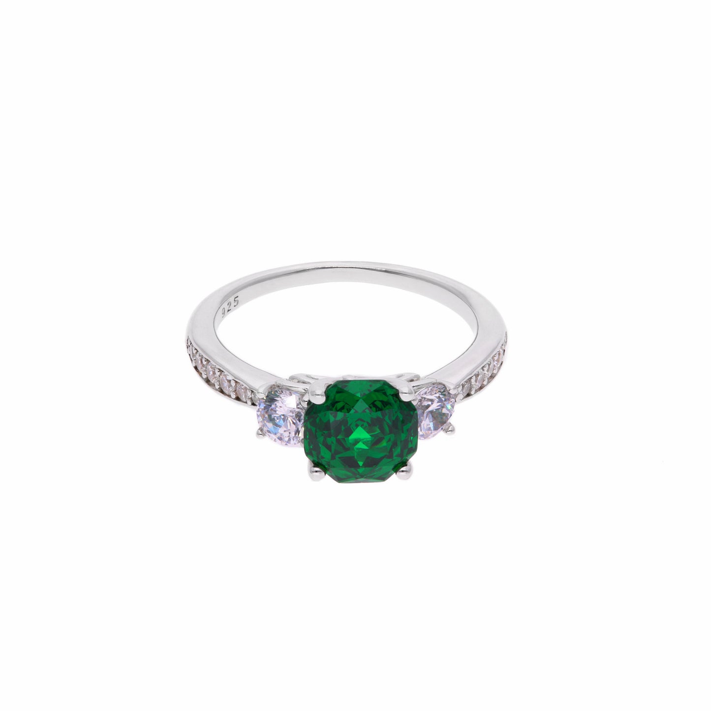 Anillo de Plata .925 - Trilogía de Tres Piedras con Zircón Verde Esmeralda en Corte Asscher