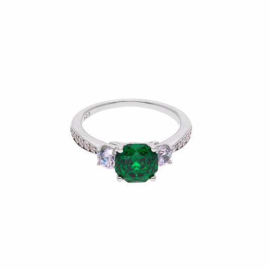 Anillo de Plata .925 - Trilogía de Tres Piedras con Zircón Verde Esmeralda en Corte Asscher