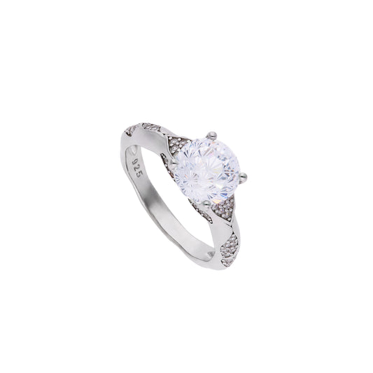 Anillo de Plata .925 - Solitario con Hombros de Pavé Doble Fila y Zircón Blanco Cushion — Variante Talla 6-9