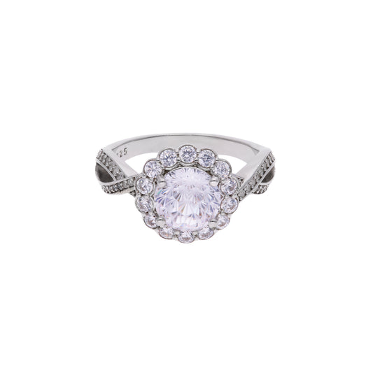 Anillo de Plata .925 - Banda con Pavé y Halo Octagonal Festoneado Floral Tipo Chanel con Zircón Blanco