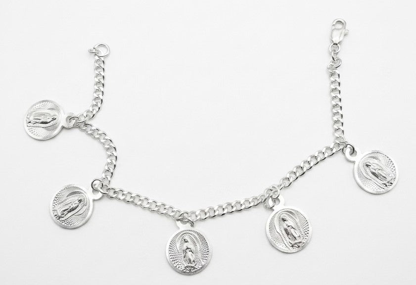 Pulsera de Plata .925 - Cinco Medallas Virgen de Guadalupe Colgantes