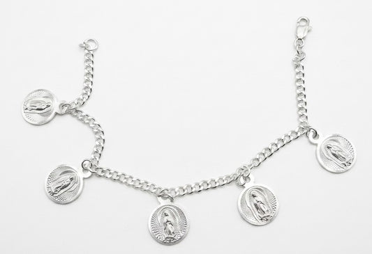 Pulsera de Plata .925 - Cinco Medallas Virgen de Guadalupe Colgantes