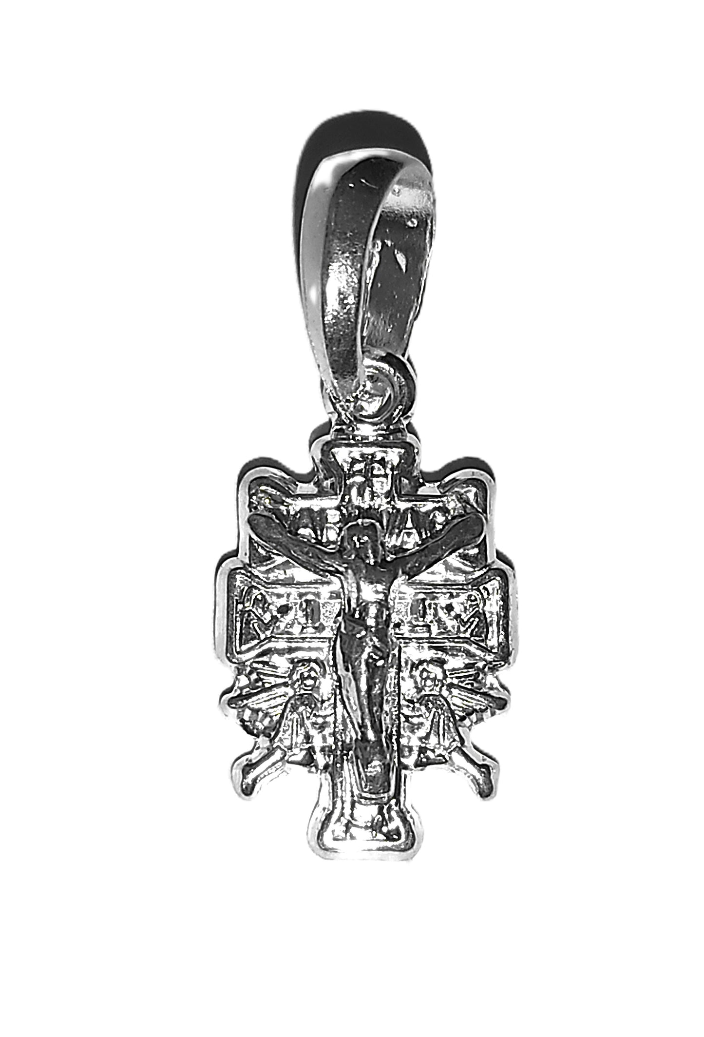 Dije de Plata .925 - Crucifijo Gótico con Flor de Lis y Ángeles Adorantes