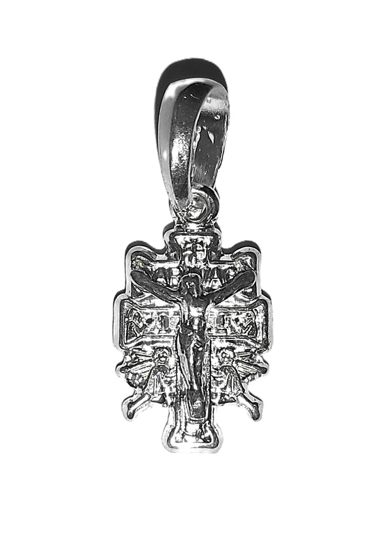 Dije de Plata .925 - Crucifijo Gótico con Flor de Lis y Ángeles Adorantes